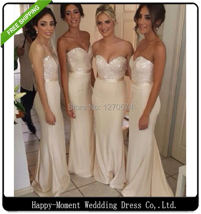2016 A Line Sequins Adult Elegant Beading Beige Long font b Bridesmaid b font font b