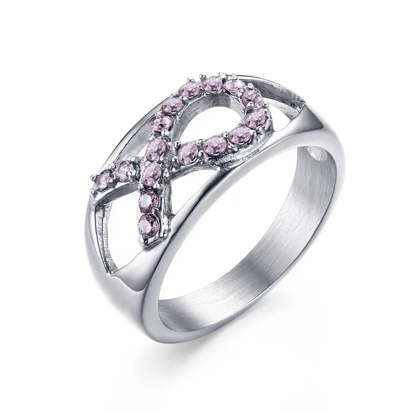 Ladies Stainless Steel Pink Crystal Breast Cancer Awareness Ribbon Ring