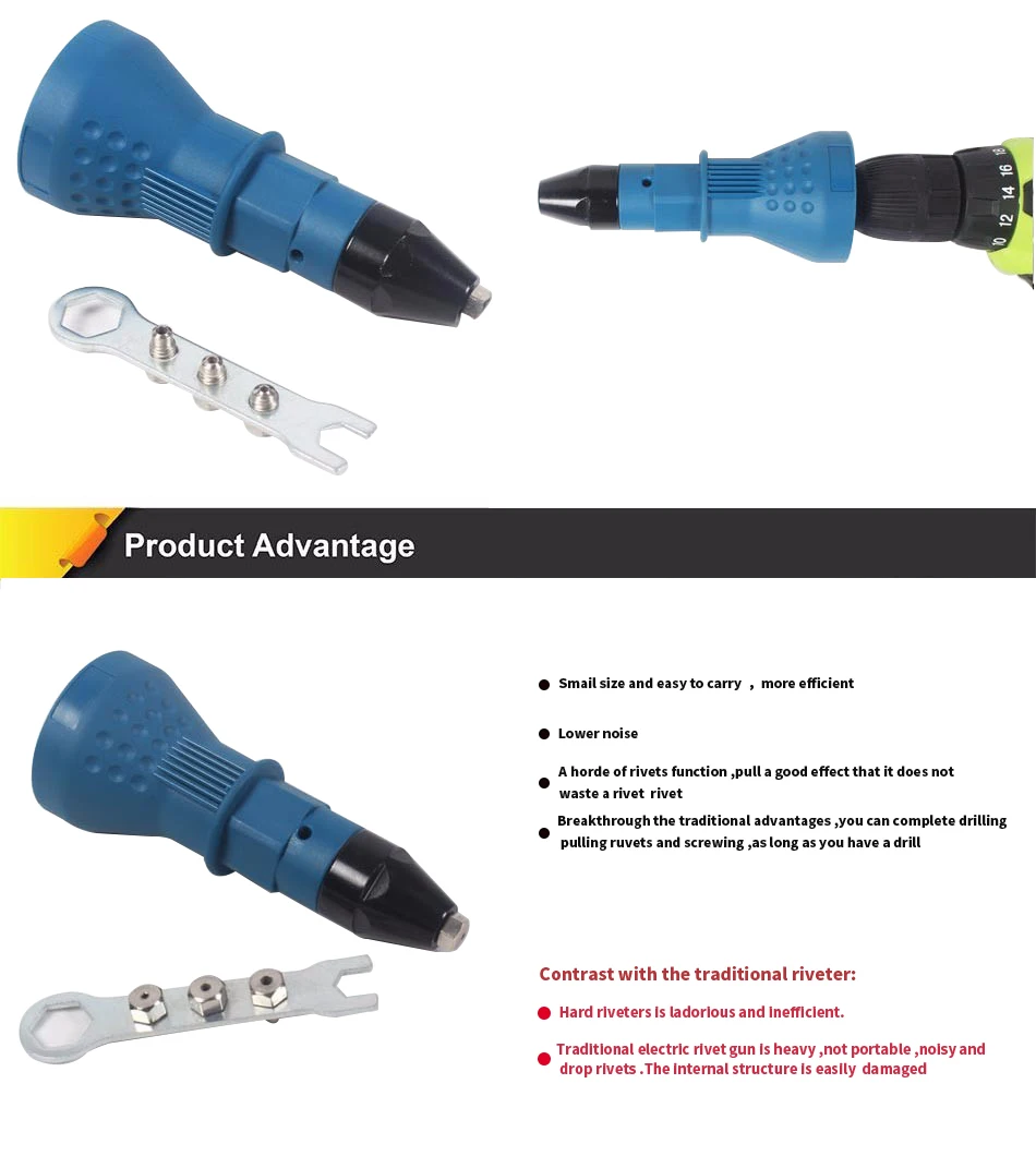 HILDA Electric Rivet Nut Gun Riveting Tool Cordless Riveting Drill Adaptor Insert Nut Tool Riveting Drill Adapter 2.4mm-4.8mm