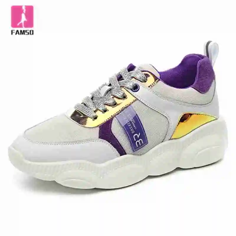 

FAMSO 2019 New Shoes Women Sneaker Genuine Leather Patchwork Platforms Girl Running Shoes Rubber Foam Bottom Chunky Sneakers