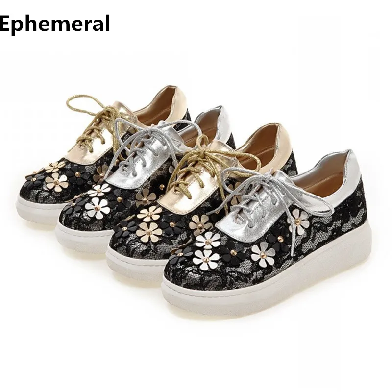 

Ladies Platform shoes flats thick soled sneakers vintage flowers lace-up low top footwear women botas gold silver plus size 3 34