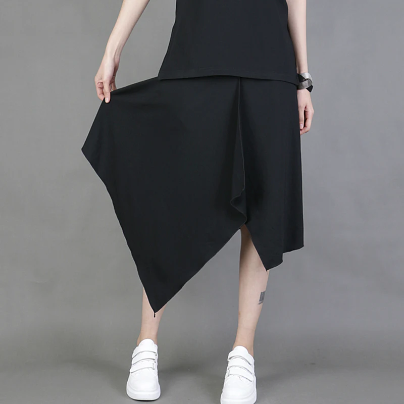 CHICEVER демисезонные юбки для женщин с эластичной резинкой на талии свободные Асимметричные подол черные свободные повседневные юбки женская одежда Tide - Цвет: Black Skirts