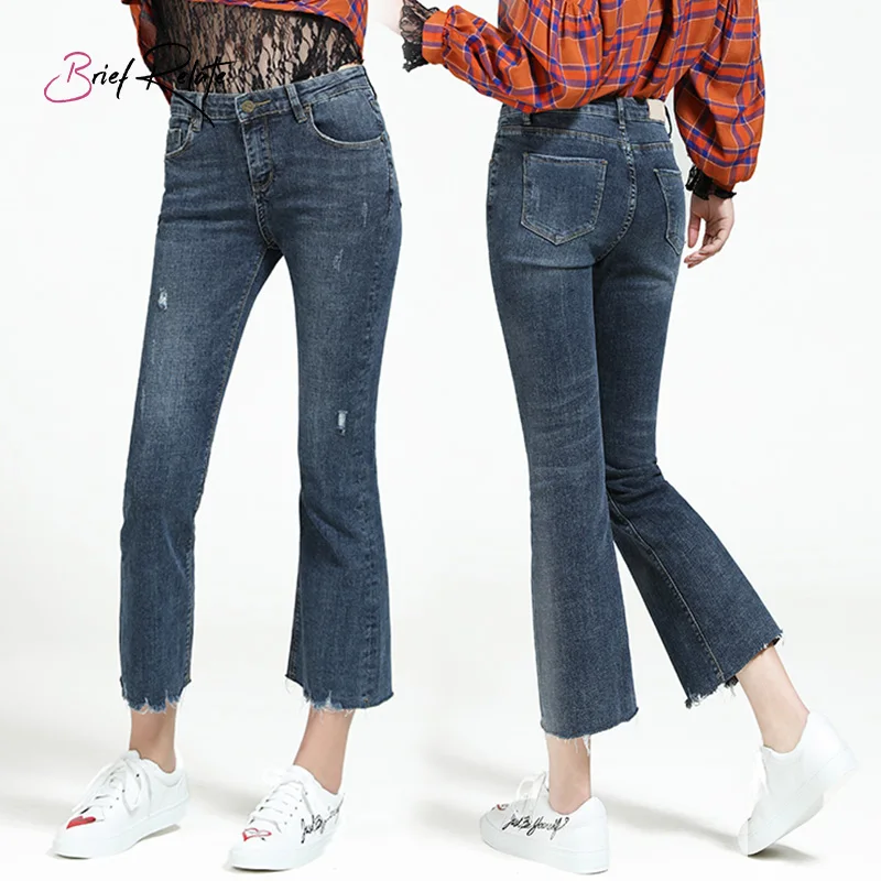Короткие брюки-клёш в Корейском стиле, укороченные джинсовые брюки для повседневной носки