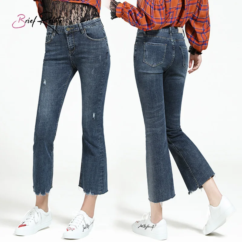 

Brief Relate Korean Style Bell Bottoms Ninth Pants Sanding Design All-match Cropped Length Bleach Denim Blue Casual Wear Pants
