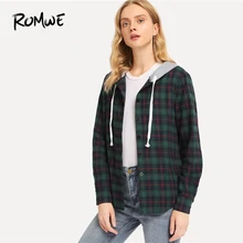 ROMWE клетчатое пальто с капюшоном на завязках модное однобортное пальто с длинным рукавом весна осень Женская одежда верхняя одежда