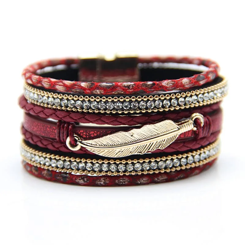 Мода один слой обернуть браслеты змеиная кожа браслеты с подвески в виде листьев ювелирные изделия - Окраска металла: red