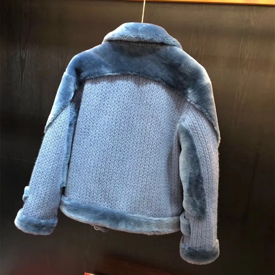 Real Fur Coat Female 2018 Fashion Icelandic Wool Fur Women Double-faced Coat Stitching Knitted Long Sleeve Motorcycle jacket