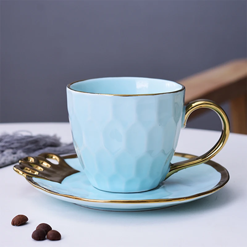 Скандинавская керамическая кофейная чашка, простая креативная Золотая боковая кофейная чашка, набор с тарелкой, домашняя кофейная офисная чашка, забавные подарки, Прямая поставка - Цвет: C