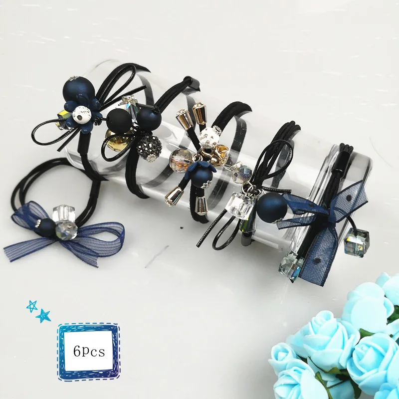 

6Pcs With Boxed Headwear 5CM elastic rubber band women's hair style precious stone blue Pearl thread flower ponytail hair rope