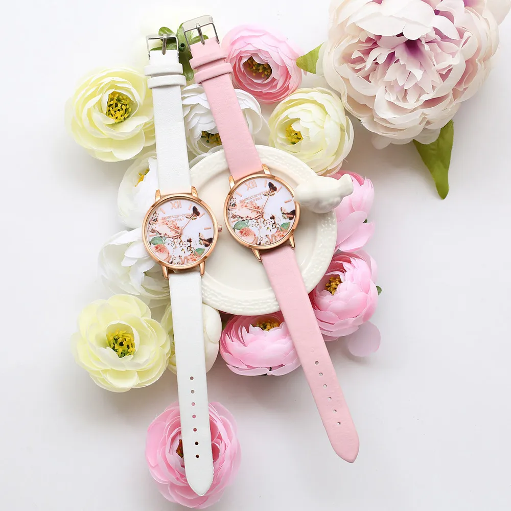

LVPAI Ladies Quartz Wrist Watch Butterfly rose Alloy Roman numerals Dial Leather Band Women's Watches Casual Reloj hombre B40