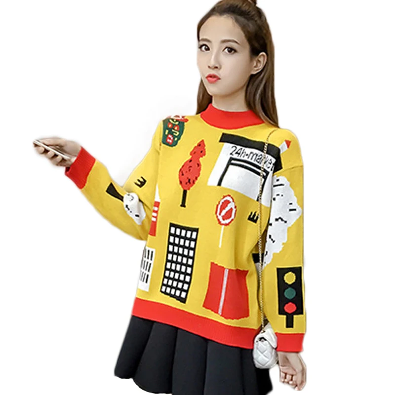 Autumn Winter Christmas Sweater Women Harajuku Print Pullover Half Turtleneck Knitted Sweaters Jumpers Pull truien dames MY788 | Женская