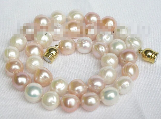 

Free shipping >>>>>>baroque 17" 12mm round white pink freshwater pearls necklace magnet clasp j7840