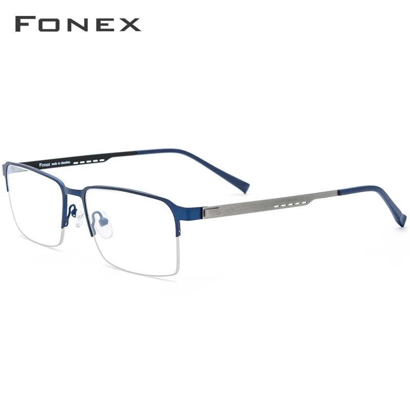 FONEX, сплав, оправа для очков, Мужские квадратные очки для близорукости по рецепту,, новинка, металлическая полуоправа, оптическая оправа, Безвинтовые очки 8842 - Цвет оправы: Синий