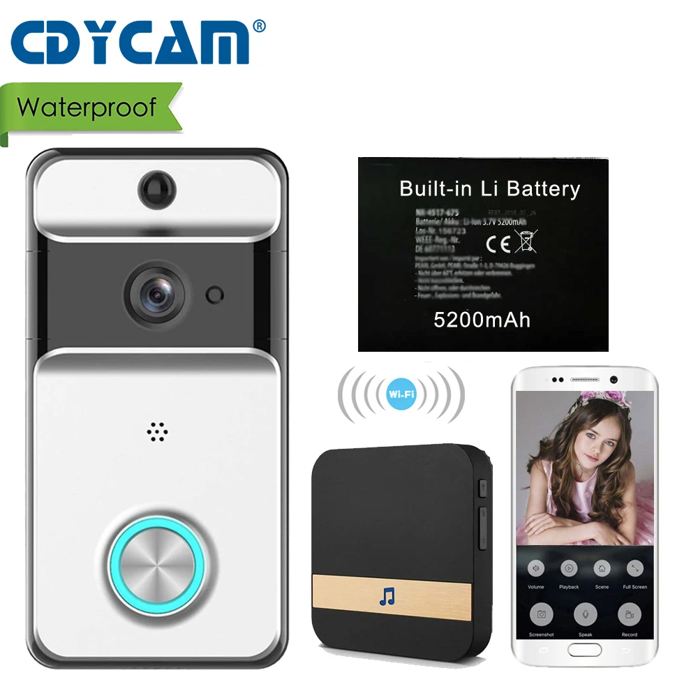 

CDYCAM IP53 Waterproof Wireless Doorbell Wifi Video Door Phone Intercom Camera with 5200mAh battery EU/US/AU/UK Plug Indoor Bell