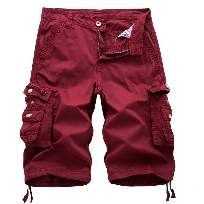 Летние мужские повседневные шорты, хлопковые облегающие пляжные мужские шорты-карго, однотонные шорты-бермуды до колена для мужчин - Цвет: wine red