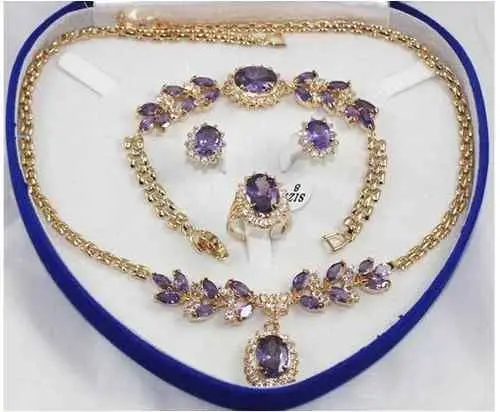 

Hot selling> FREE SHIPPINGBridal Fashion Jewellery Women's Set Purple CZ Necklace Earring Ring Bracelet (A0425) -Bride jewelry f