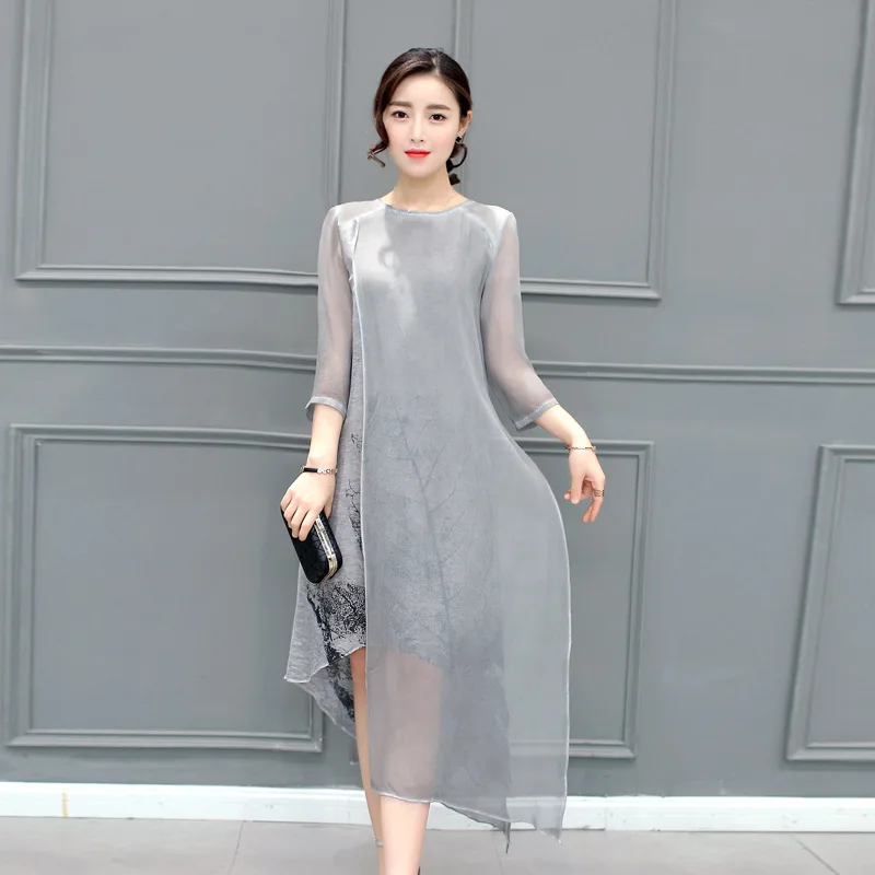 

2019 Autumn Summer New Fashion Printing Hem Irregular Three Quarter Silk Fake Two Pieces Faux Silk Dress RE2166