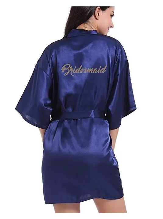 RB91 Fashion Silk Bride of Mother Robe with Gold Letter Sexy Women Short Satin Wedding Kimono Sleepwear Get Ready Robes