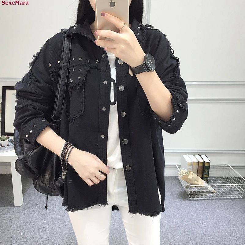 

SexeMara Autumn new models fashion Washed Burr Retro Rivet unsymmetrical denim jacket free shipping
