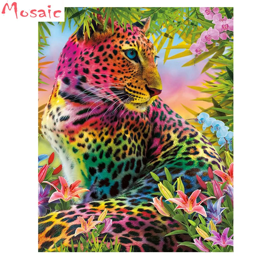 DIY 3D Diamond painting leopard 5d Diamond mosaic Full Square round Diamond  embroidery Colorful animal 3d Cross stitch wall art