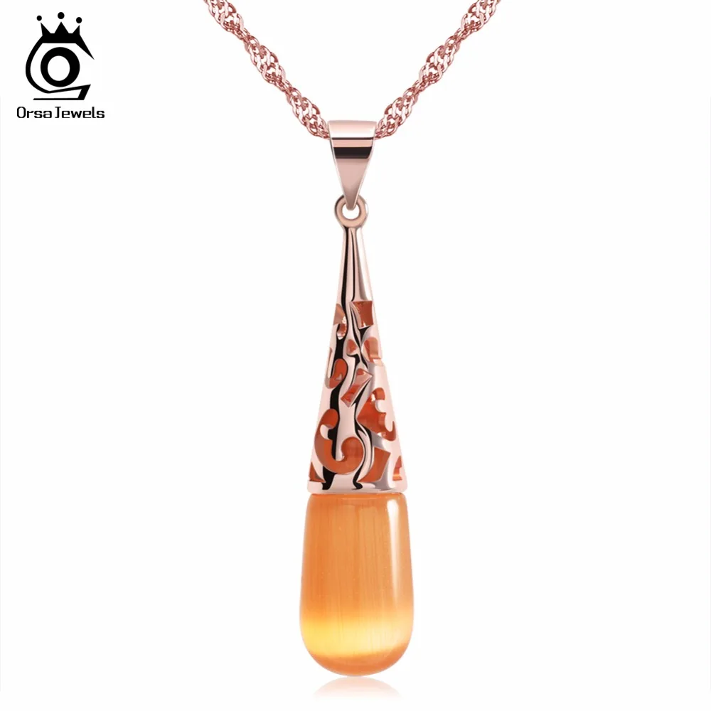 

ORSA JEWELS Big Fashion Cat's Eye Stone Pendant Necklace Water Drop Style,Luxury Necklace on Rose Gold Color ON59
