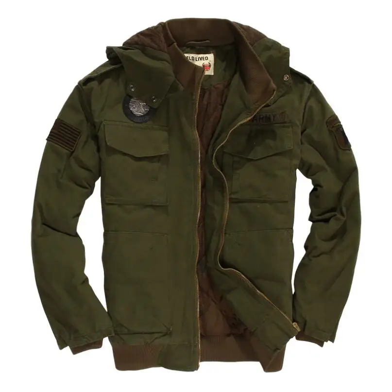 Мужская летная куртка в Военном Стиле, зеленый/черный, с капюшоном, теплая, хлопковая, зимняя, военный, американский размер, 101 - Цвет: Green