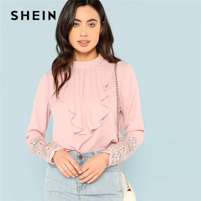 SHEIN Pink Flounce Neck Lace Cuff Top Elegant Stand Collar Long Sleeve Ruffle Blouse Women Autumn Plain Workwear Shirt Tops Blouses