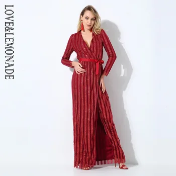 

LOVE & LEMONADE Red Wine V-Neck Cross-Stitch Giltter Long Dresses LM6546