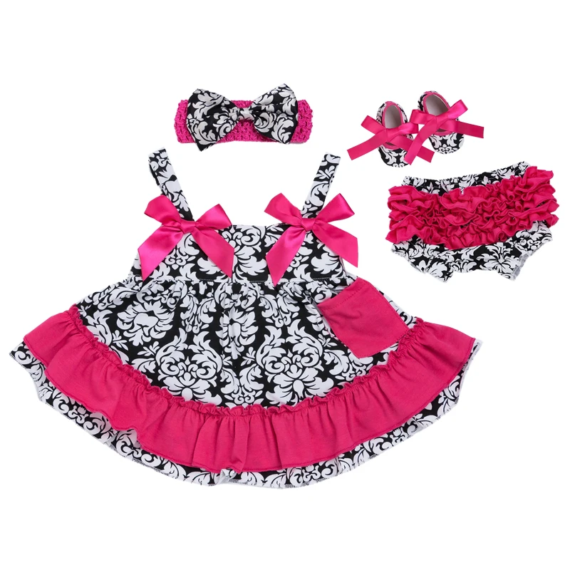 

New Girls Clothing Set Newborn Sling Bat Swing Dress Ruffles Bloomers Headband Shoes 4pcs Suits Strap Baby Girls Clothes