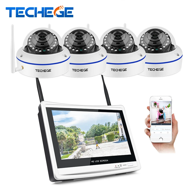 

Techege Plug and Play 4CH Wireless NVR Kit 12inch LCD NVR 1080P HD Vandalproof Security IP Camera Night Vision WIFI CCTV System