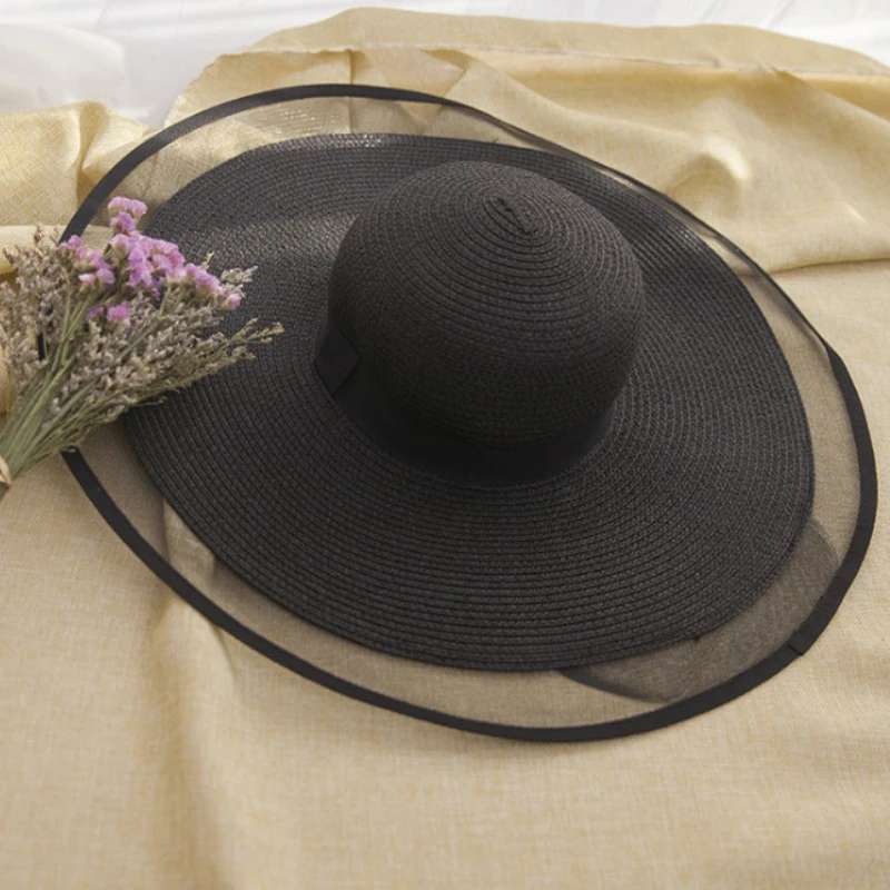 HT2504 летняя Солнцезащитная шляпа с защитой от ультрафиолета, женская шляпа с широкими полями, однотонная летняя соломенная шляпа для женщин, женская пляжная шляпа с сетчатыми полями