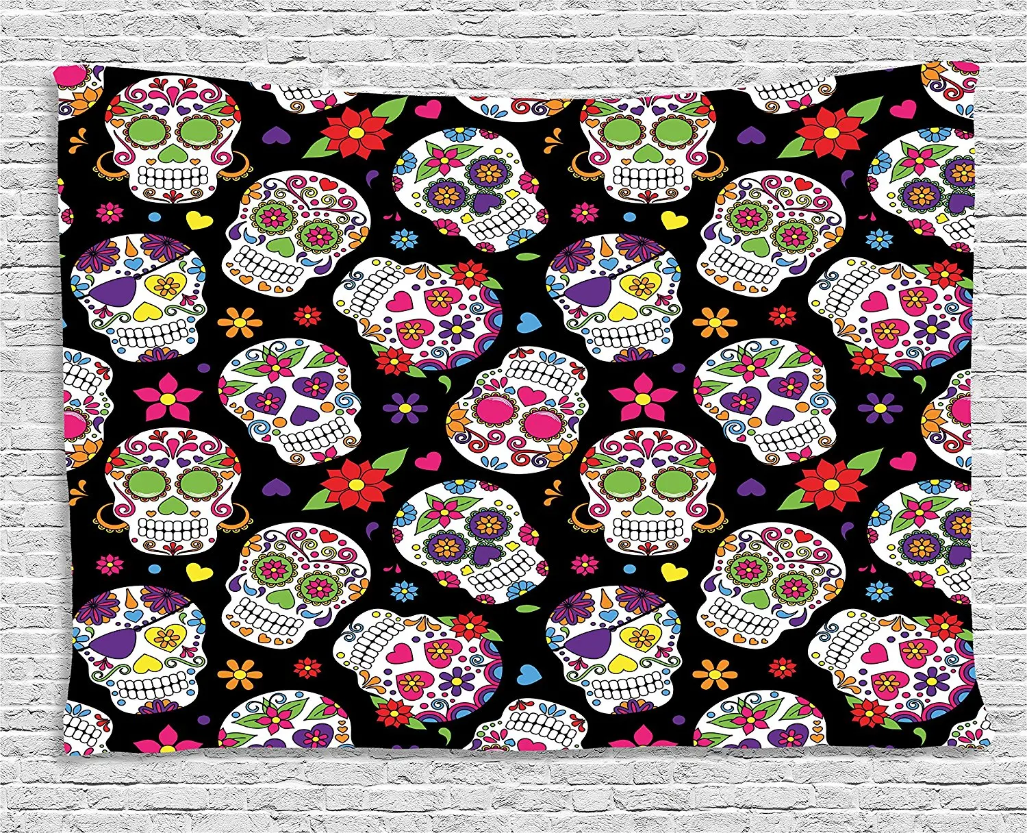 

Sugar Skull Decor Tapestry Festive Graveyard Mexico Ritual Figures Mask Design on Black Backdrop Wall Hanging for Bedroom