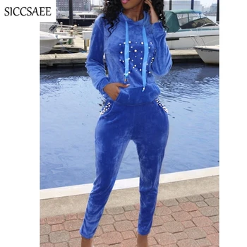 

Blue Royal Two Piece Set Velour Tracksuit For Women Pearl Beaded Hoodies Long Pants Sweat Suit Velvet Outfits Pleuche Sexy Fall