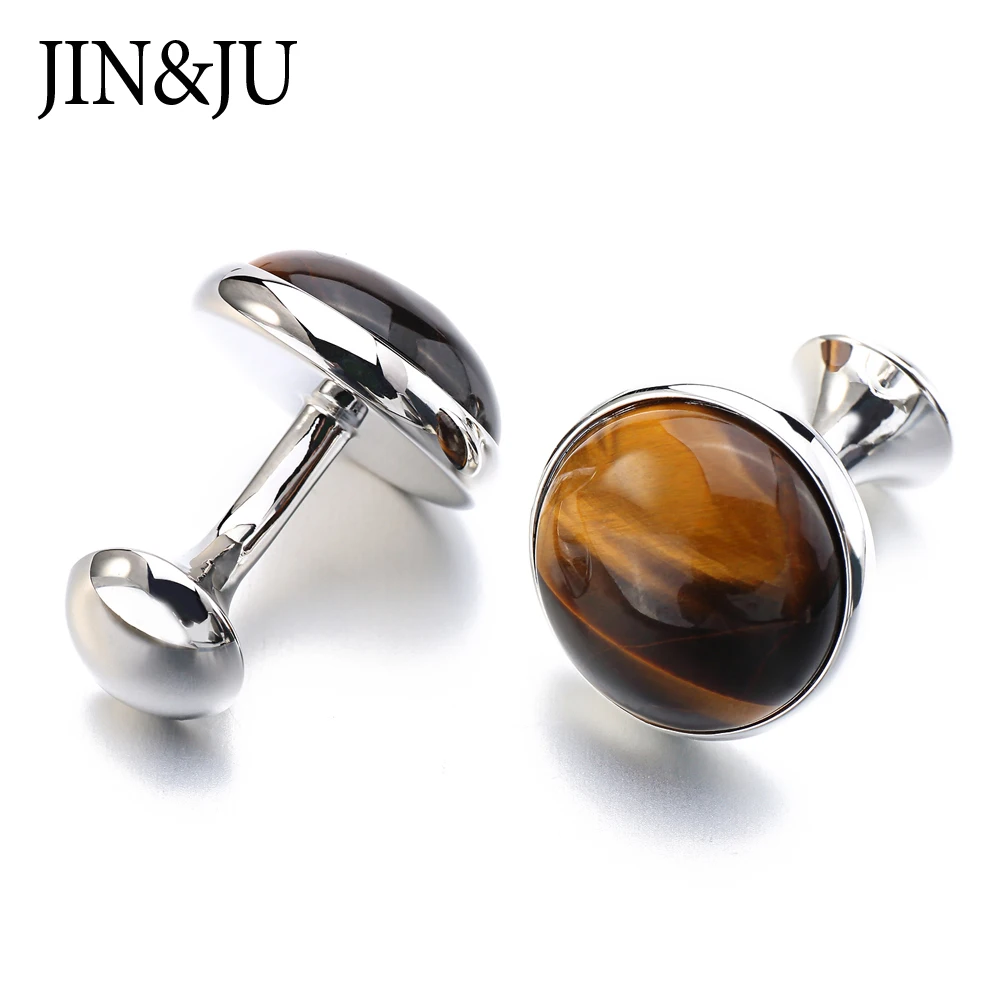Красивые натуральные запонки JIN & JU из тигрового камня и золотой сетки