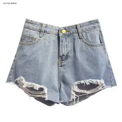Синий плюс размер рваные Джинсовые шорты FemmeCasaul Лето Уличная Высокая талия джинсовые шорты с потертостями Для женщин Свободные бурлящие
