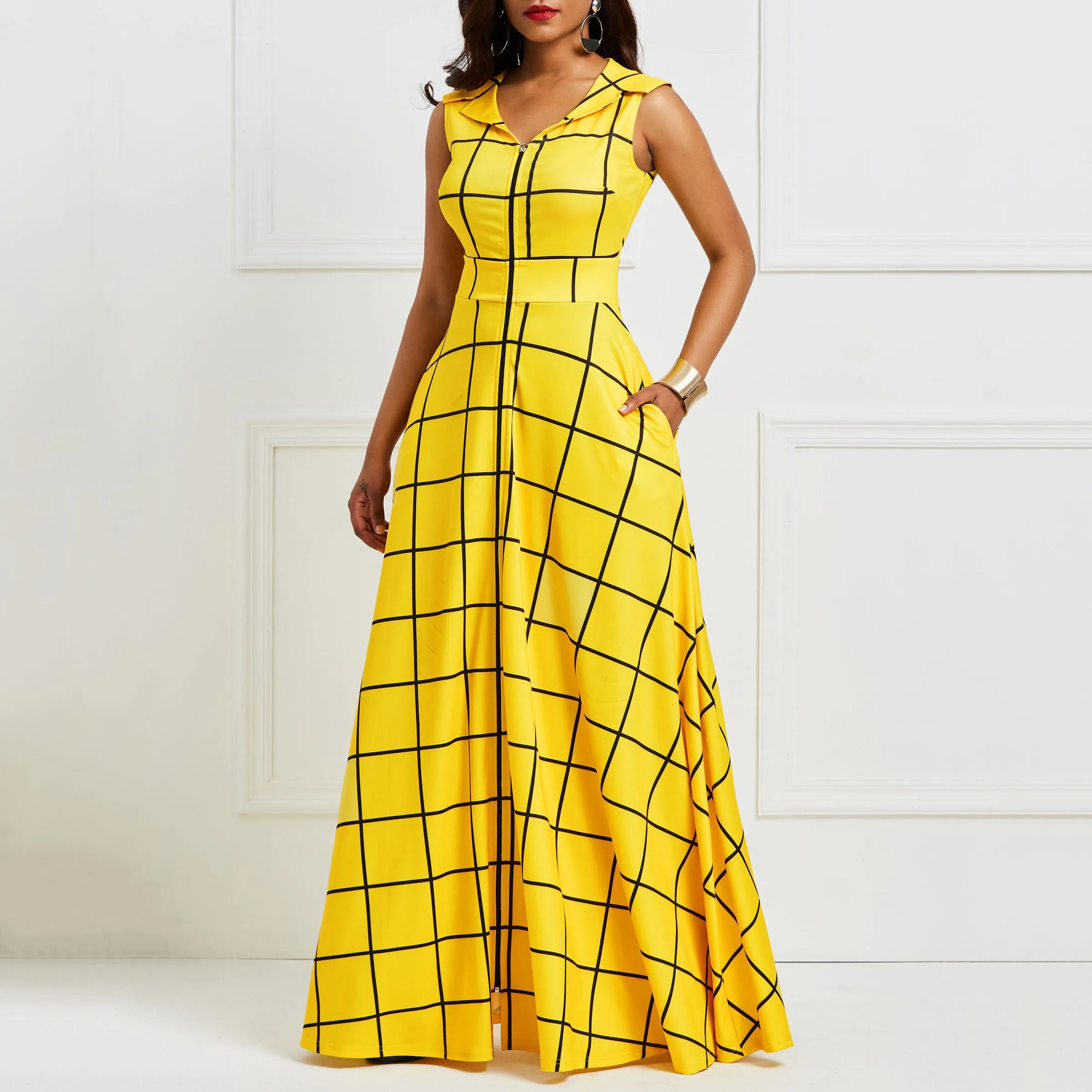 

Summer Sleeveless Dress A-Line Women Plaid Print Long Dress Elegant Maxi Dress