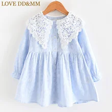 Платья для девочек с надписью LOVE DD& MM, Новая Осенняя детская одежда, милое ажурное кружевное платье с длинными рукавами и большим отворотом для девочек