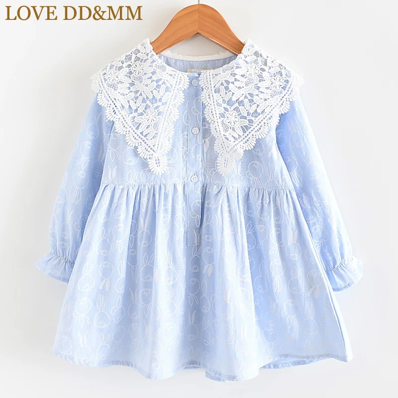

LOVE DD&MM Girls Dresses 2019 Autumn New Children's Wear Girls Sweet Openwork Lace Large Lapel Cartoon Print Long-Sleeved Dress