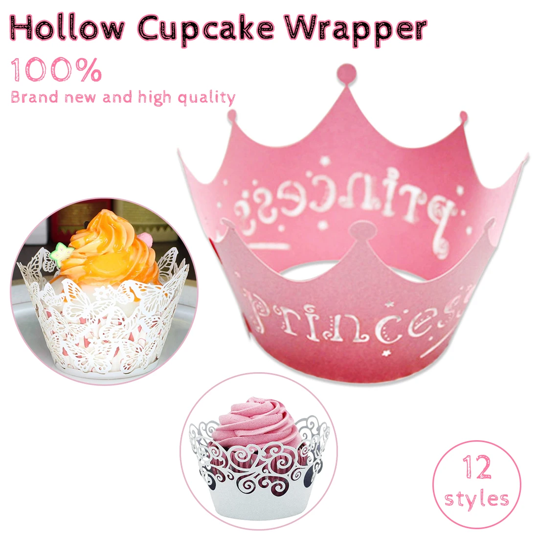 

12pcs/Pack Pink Princess Crown Cupcake Wrapper Baby Shower Birthday Party Laser Cut Vine Lace Wraps Cupcake Case