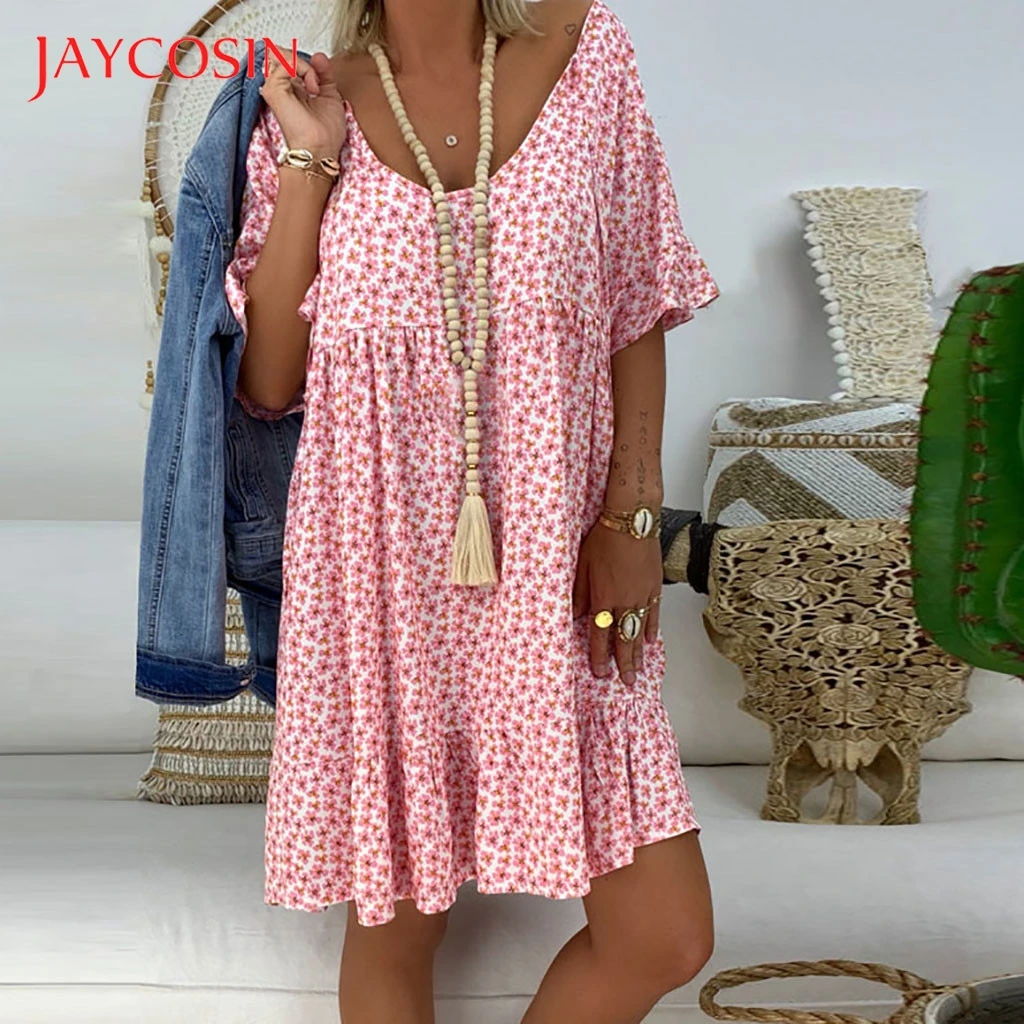 

JAYCOSIN Plus Size 5XL women Summer Dress Loose Print Short Sleeve Mini Sundress Ruffle Boho Floral Print Vestidos Femme 723