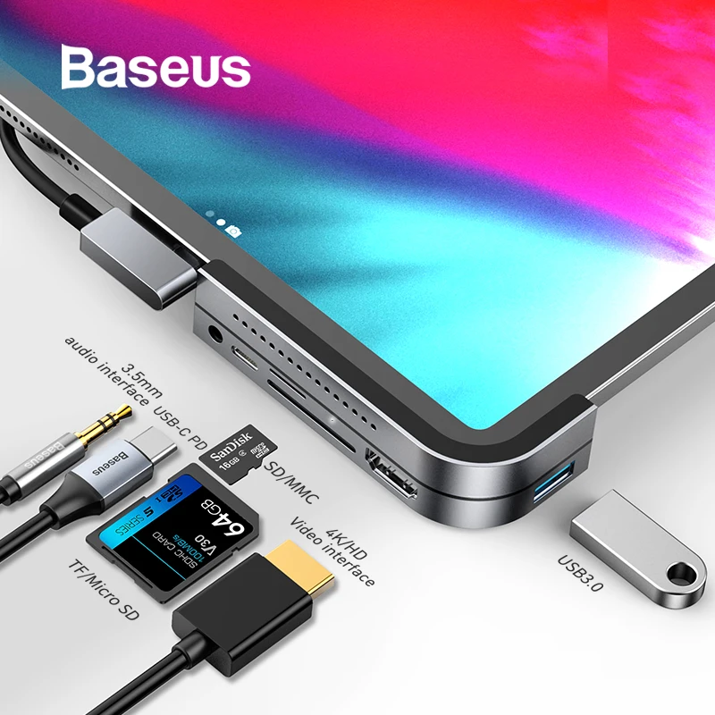 

Baseus USB C HUB to HDMI USB 3.0 USB HUB for iPad Pro Card Reader USB Splitter for MacBook Pro Surface Go 6 USB Ports USB-C HUB