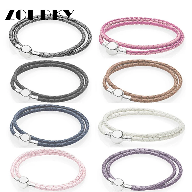 

100% 925 Sterling Silver Fashion Lovers Leather Double Loop Bracelet (Multi Color Choice) DIY Gift Jewelry Factory Direct