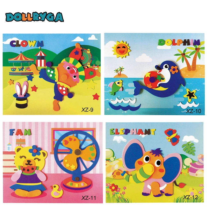 4 sets DIY Applique Kids Rotating Sticker Handmade Non-woven Cloth Cartoon Animal Rotating Painting Art CraftGift Soft EVA Toys 
