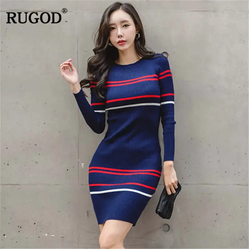 RUGOD 2018 Новый Bodycon платье Для женщин в полоску с круглым вырезом миди оболочка