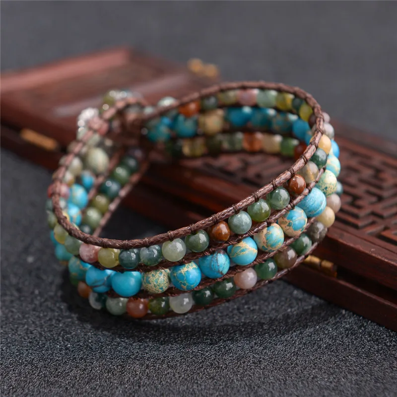 High End New Three layer Bracelet Natural Stones Leather Wrap Bracelets
