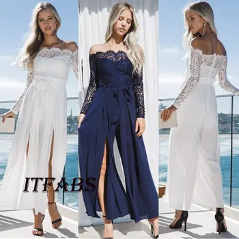 

HIRIGIN Ladies Women Summer Lace Jumpsuit Off Shoulder Lace Wide Leg Rompers Pop Outfit