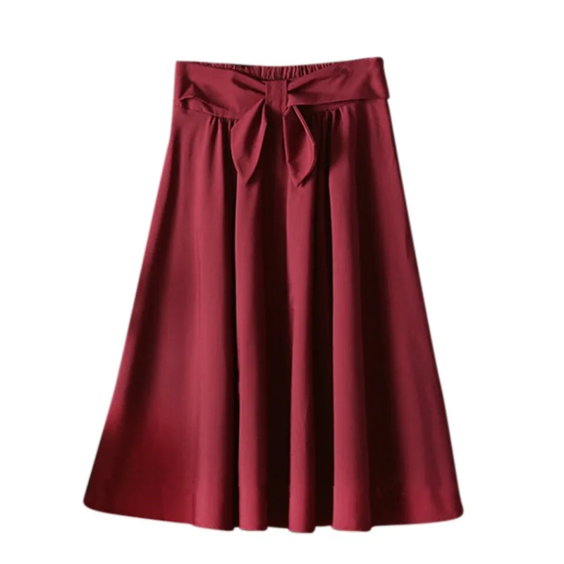 

New Elegant Women Skirt High Waist Pleated Knee-Length Skirt Vintage A-Line Big Bow Red Black Thin Slim Skirts