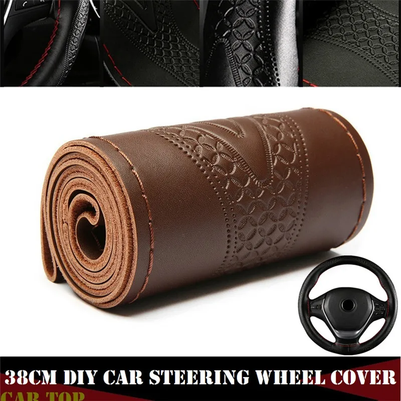 Steering Wheel Braid Fashion Embossed Car Steer Wheel Case Car Accessories 38CM Genuine Leather Steering Wheel Cover