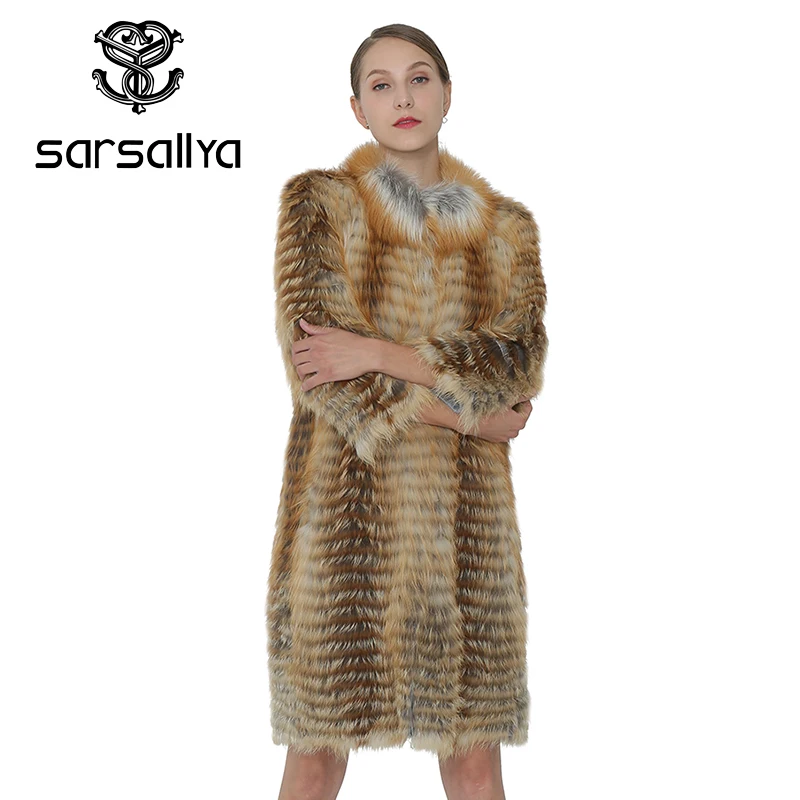 SARSALLYA Women Real Fox Coat Long Coat Women Genuine Vest