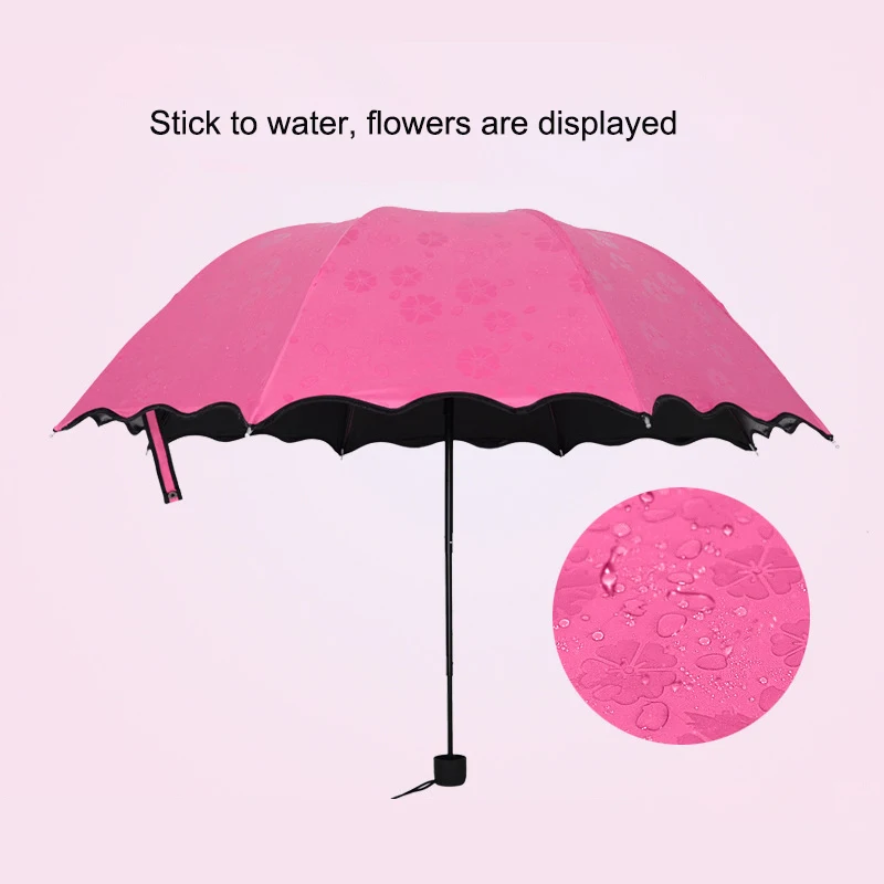 

3 folding Color Changing Umbrella,Water-borne Flowering Girl Princess Parasol Umbrella Sun Rain Portable Foldable Umbrella Gift